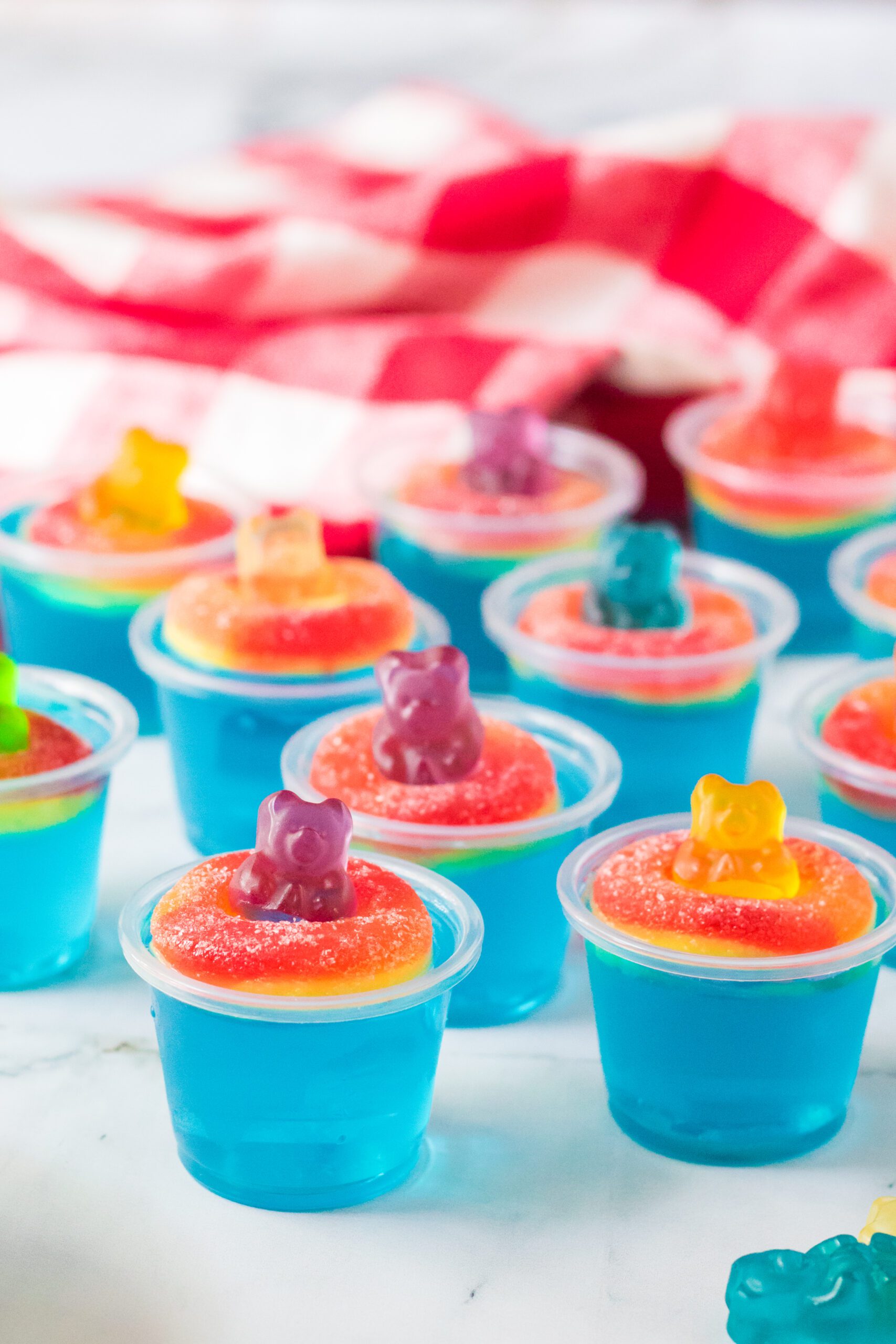 Pool Party Jello Shots with gummi rings and gummi bears