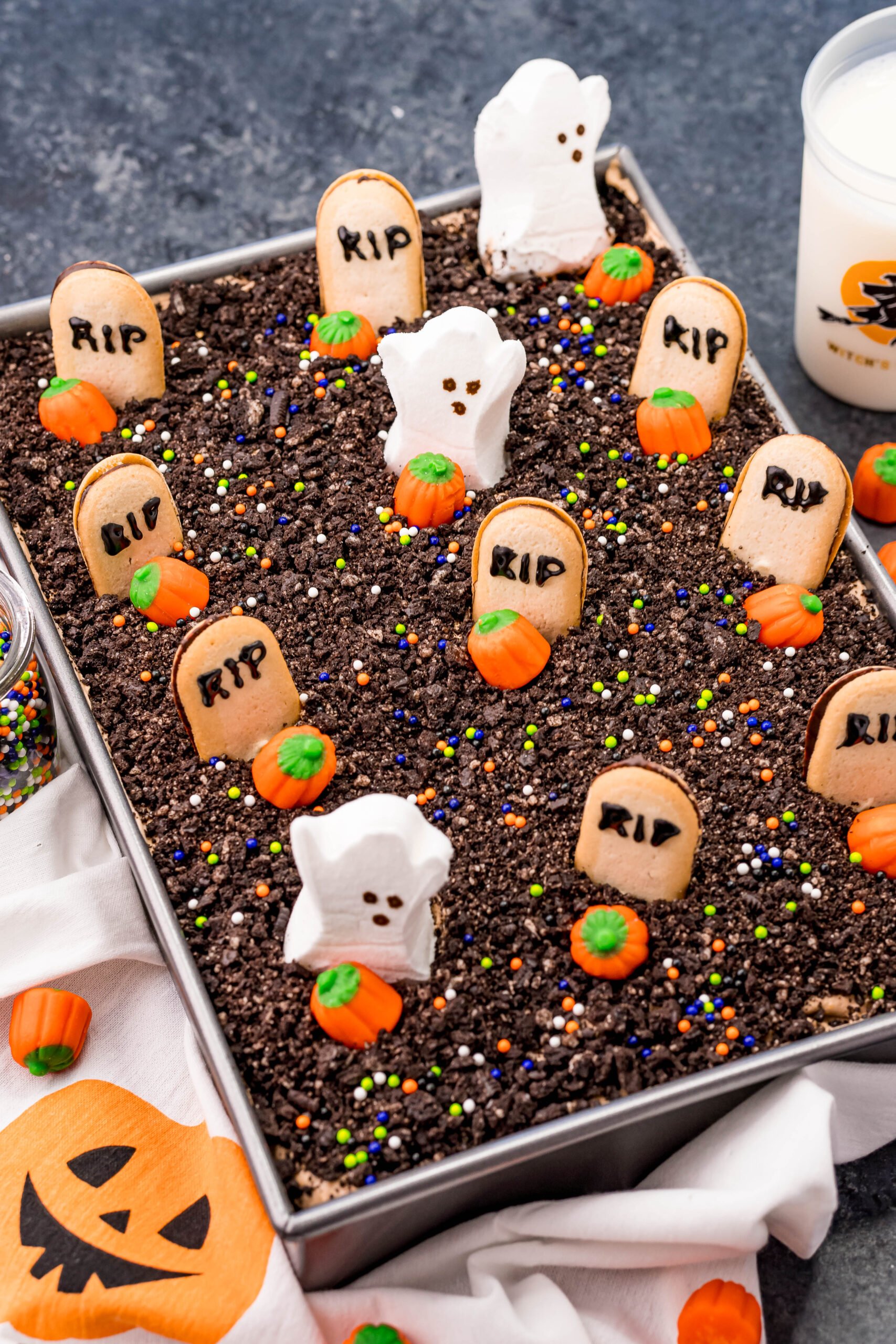 Halloween Dirt Cake in a silver baking pan