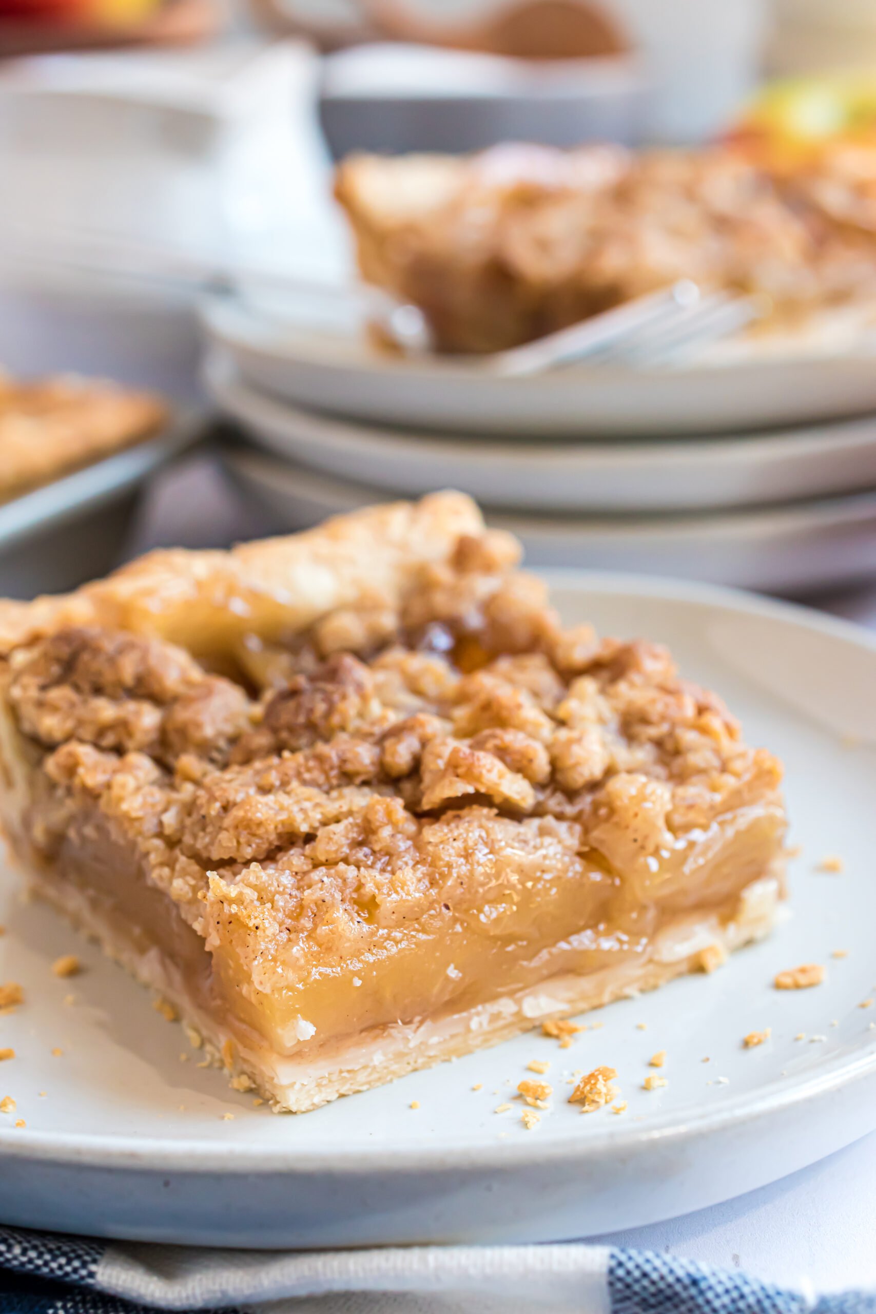 Up close shot of a slice of Apple slab pie on white serving plate