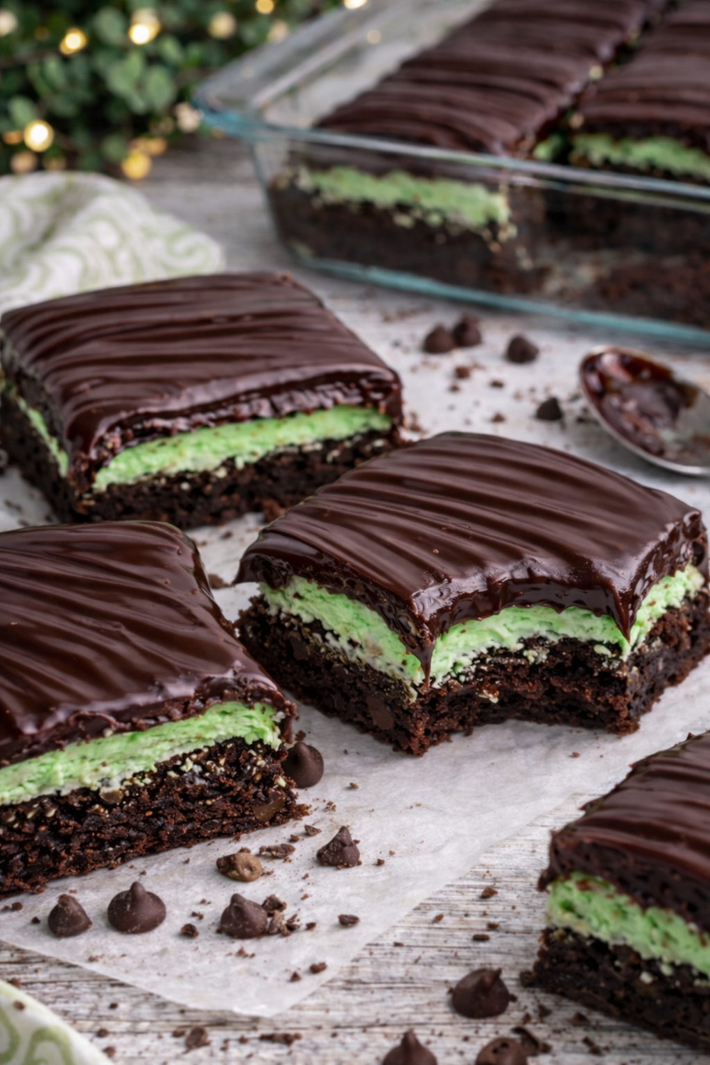 Up close view of a chocolate mint brownies. 
