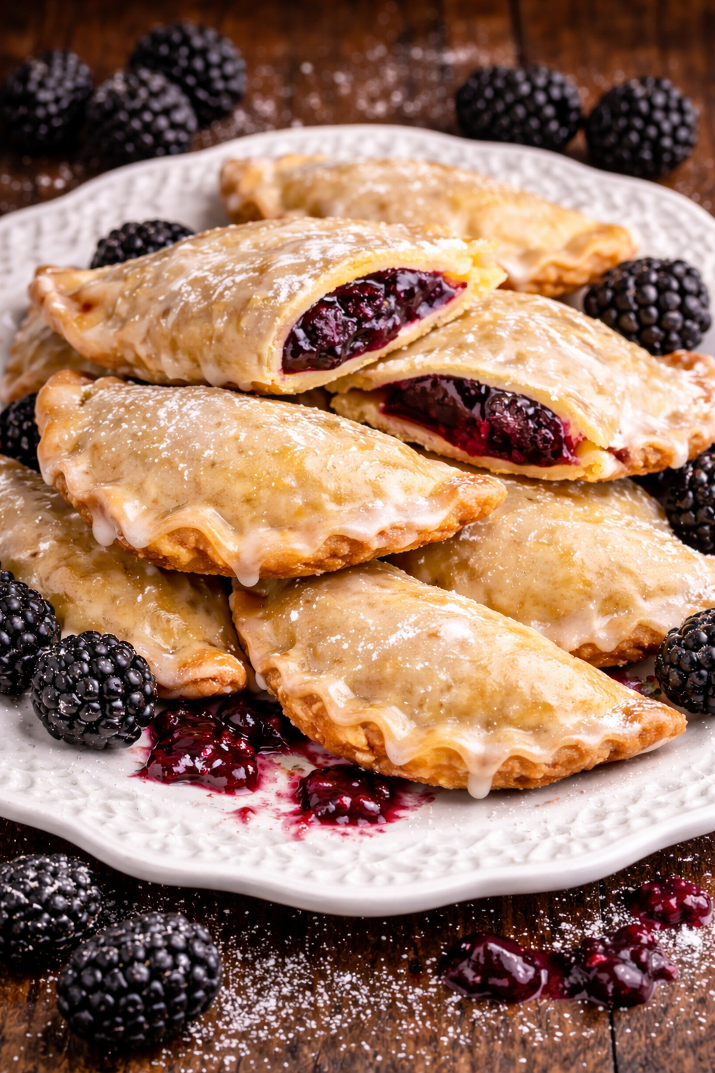 A blackberry hand pie cut in half and stacked on top of two other pies showing the berry filling. 
