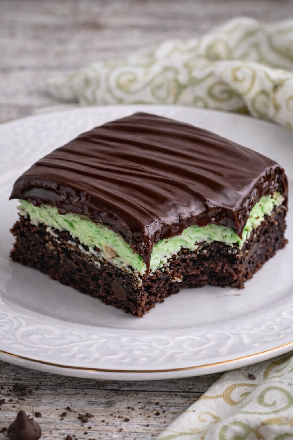 Up close view of a bite removed from the chocolate mint brownies. 