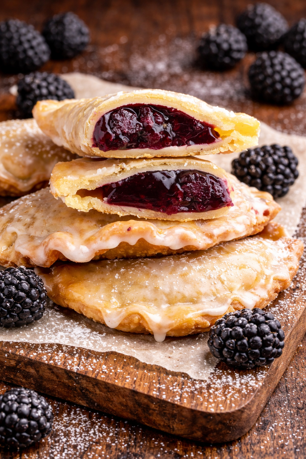 A blackberry hand pie cut in half and stacked on top of two other pies showing the berry filling. 