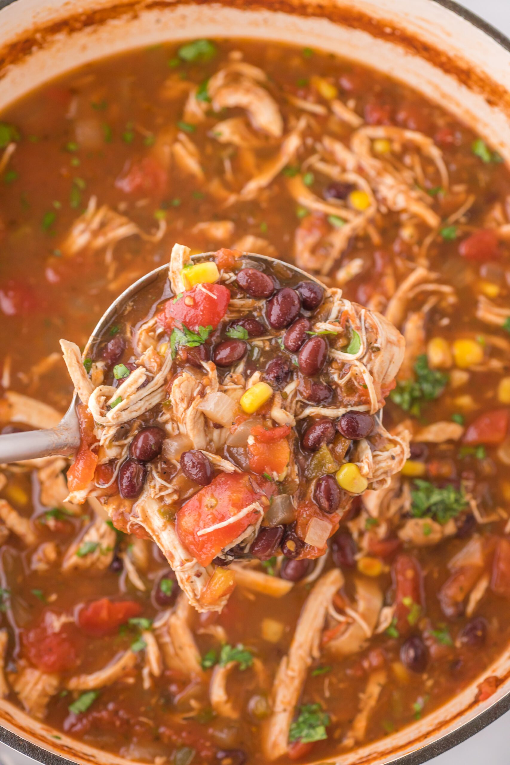 Chicken Taco Soup with a spoon lifting up a portion showing ingredients
