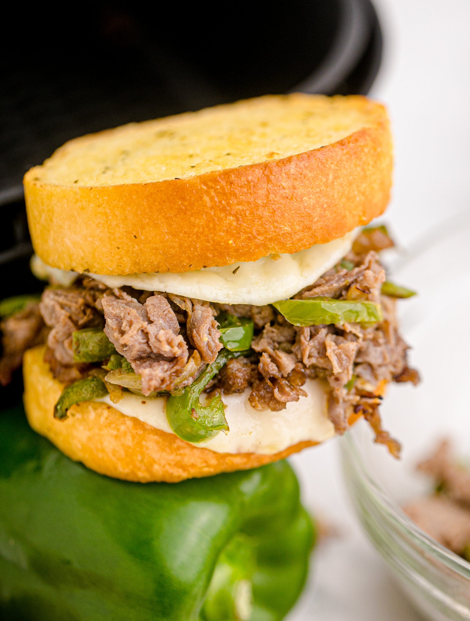 Front view of Air Fryer Philly Cheese Steaks green bell pepper.