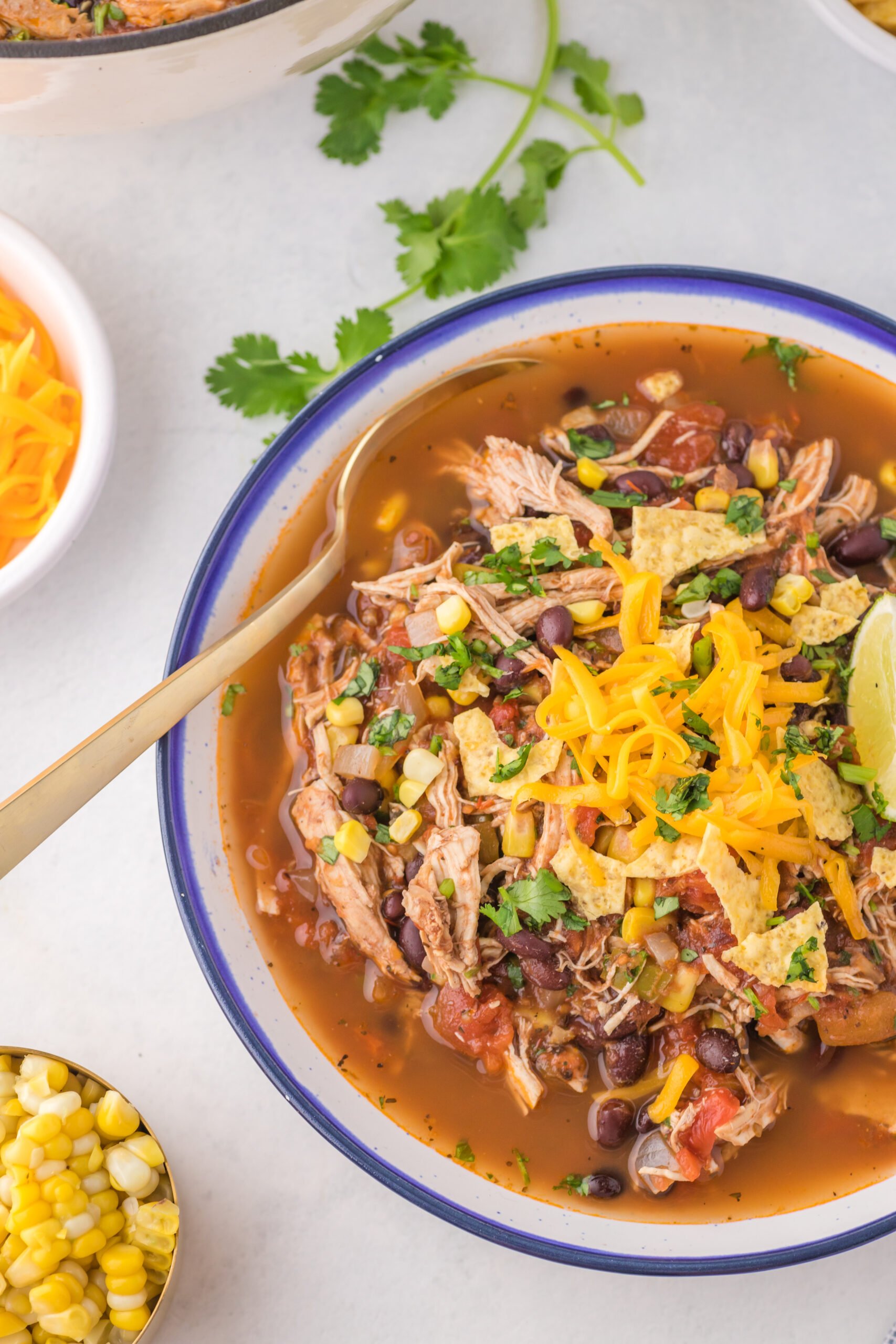 Overhead view of Chicken Taco Soup in a bowl served with a golden spoon.