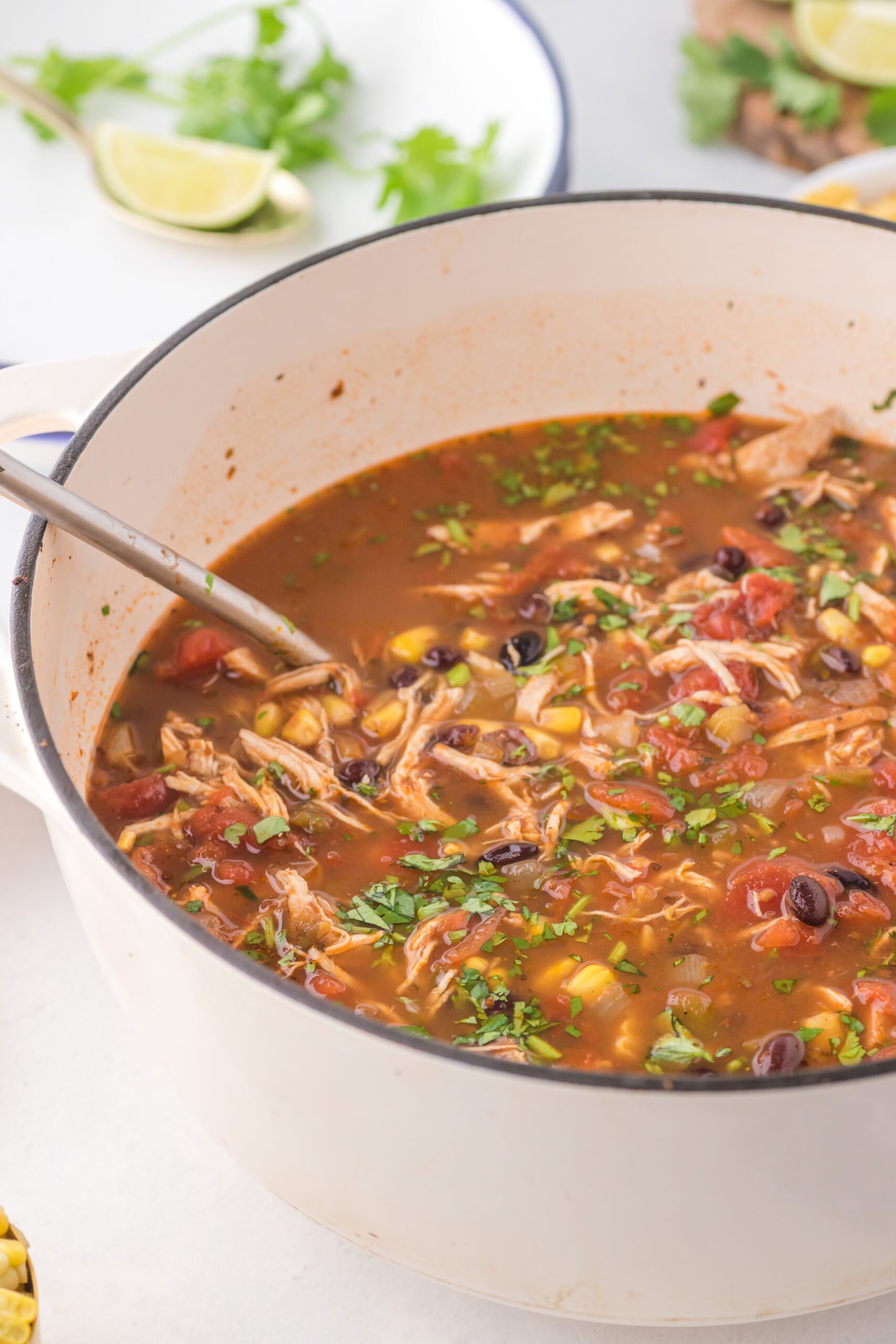 Close up view of Chicken Taco Soup in a  white pot.