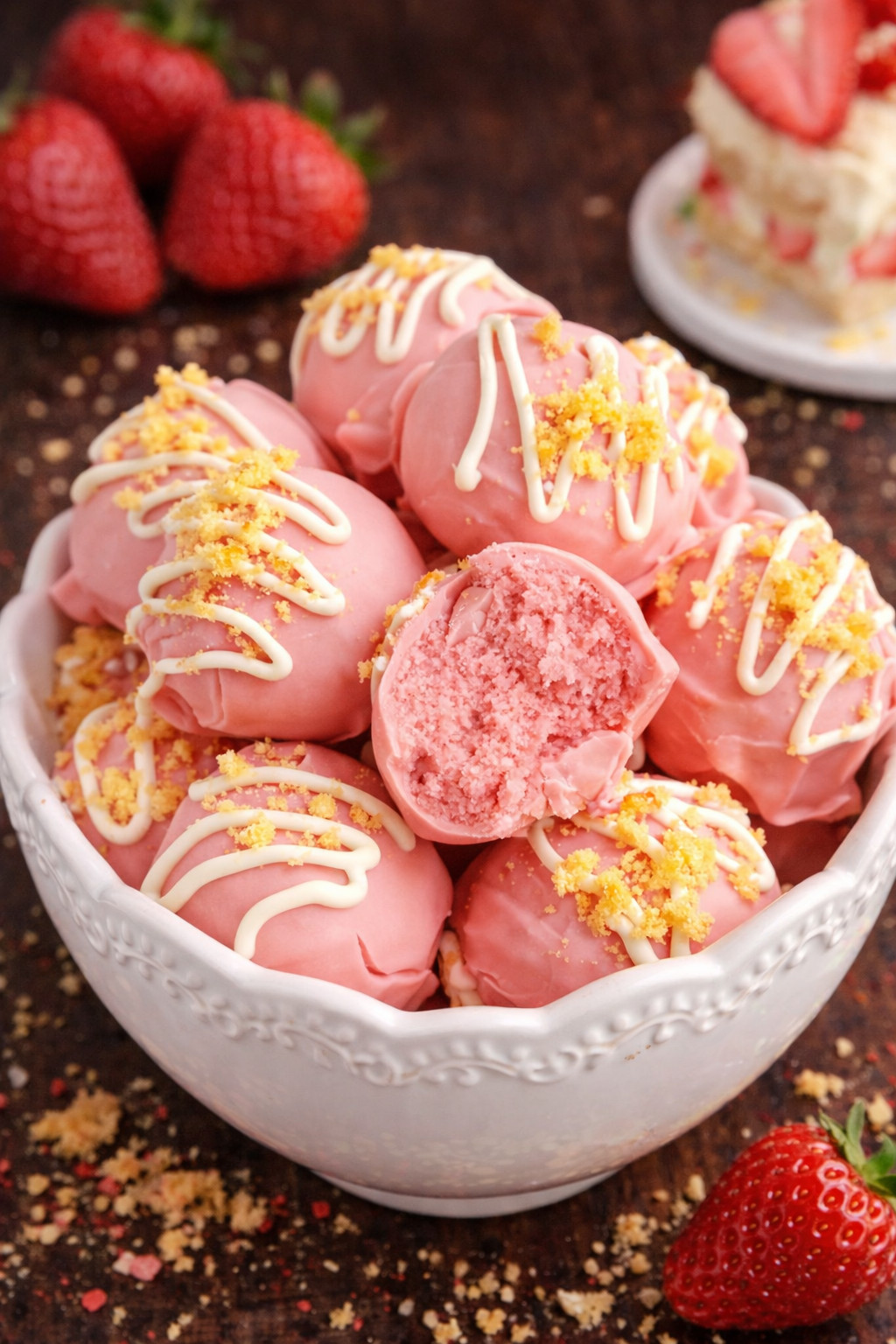 Strawberry Shortcake Truffles in a white bowl on a dark wood table 