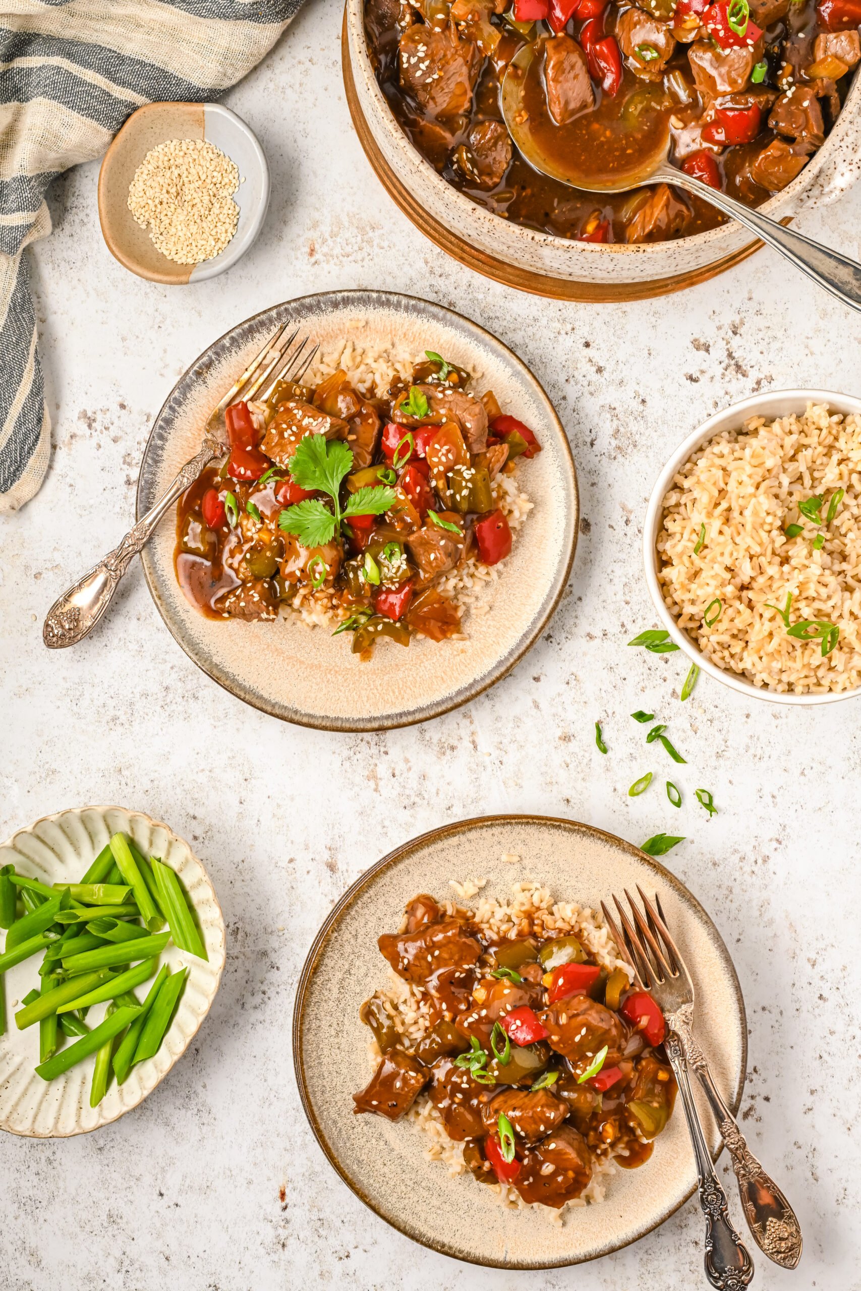 Overhead view of Chinese Pepper Steak on a dish served over rice.