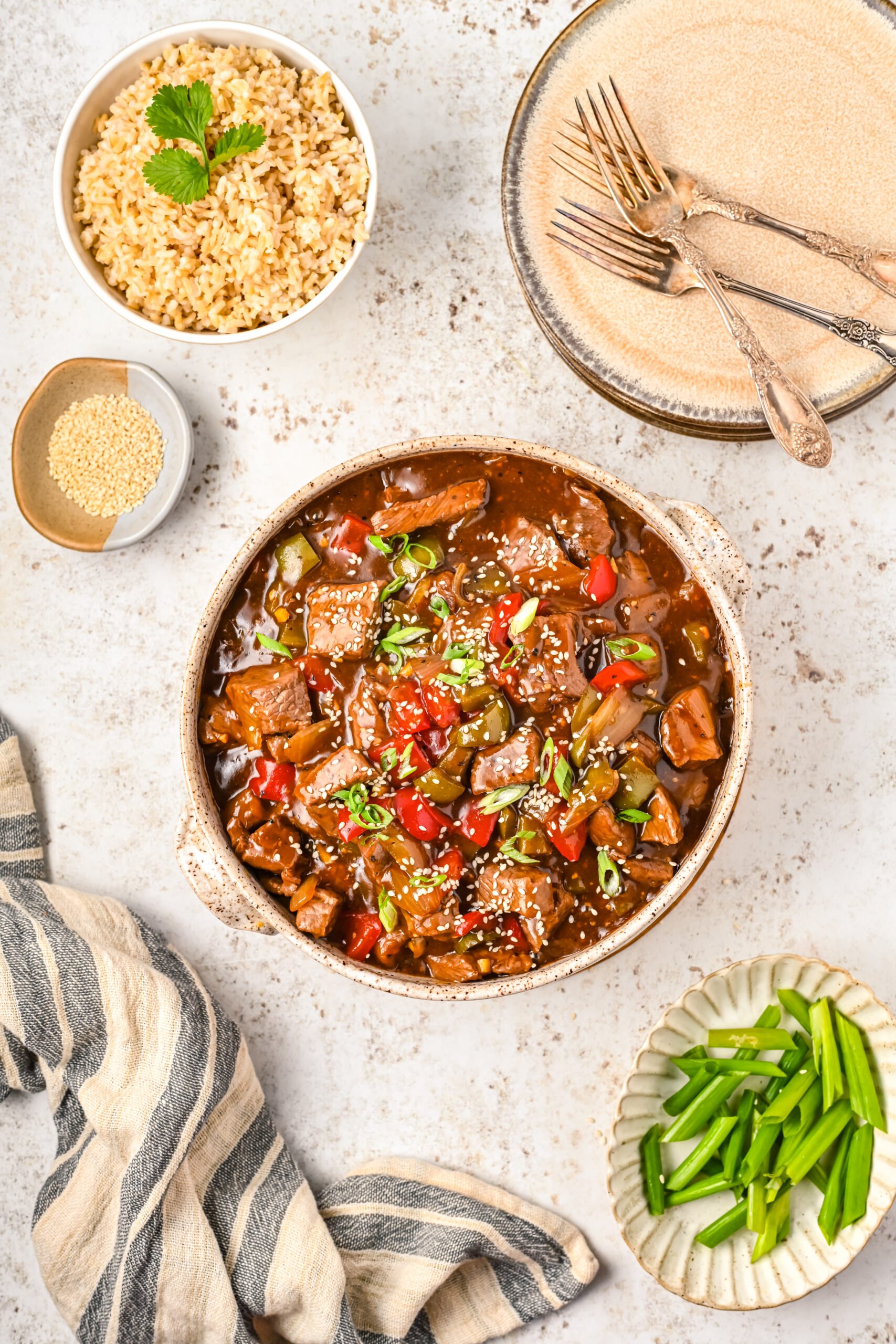 Overhead view of Chinese Pepper Steak in a baking dish.