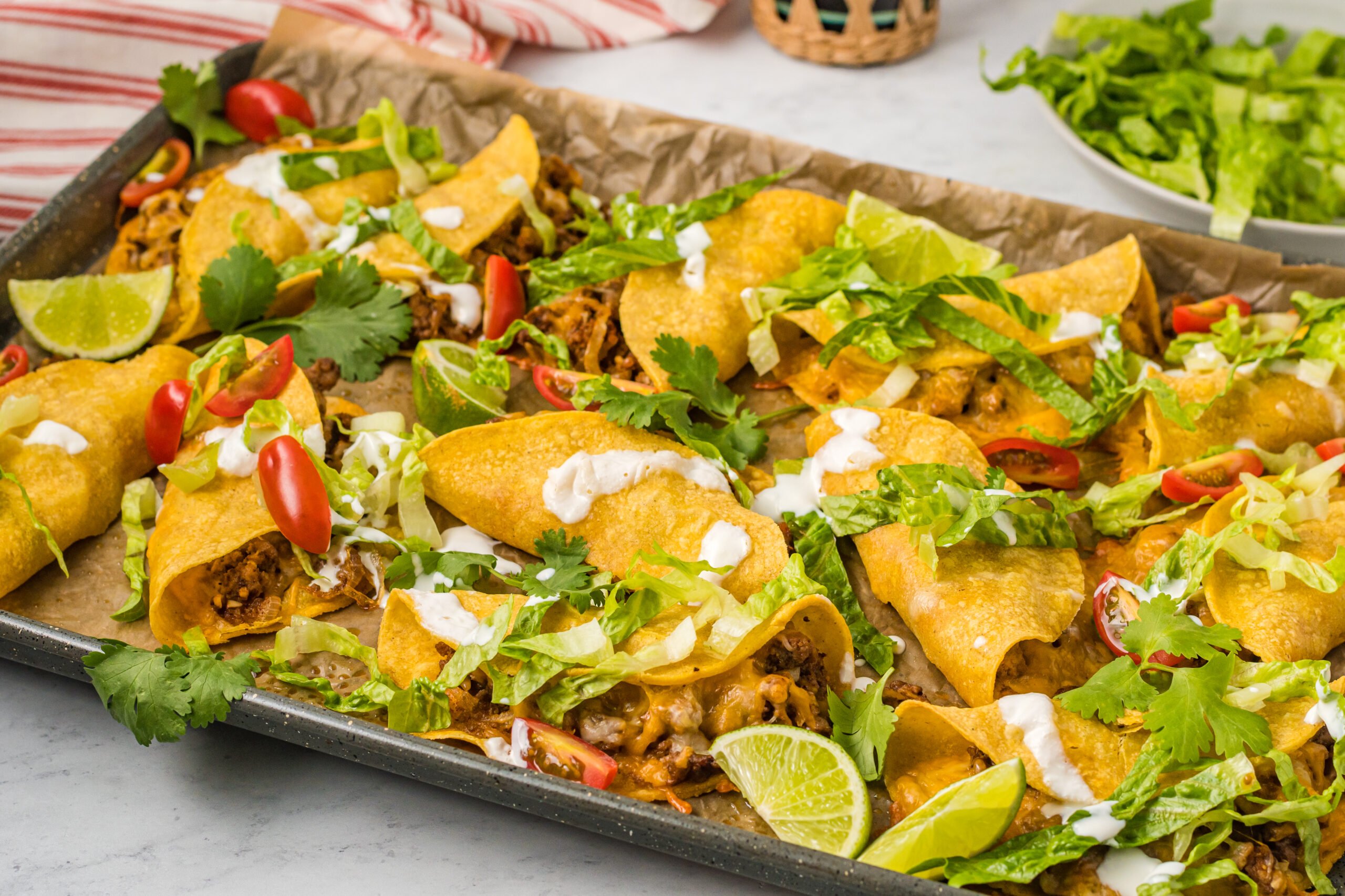 Front view of  Beef Tacos on a sheet pan.