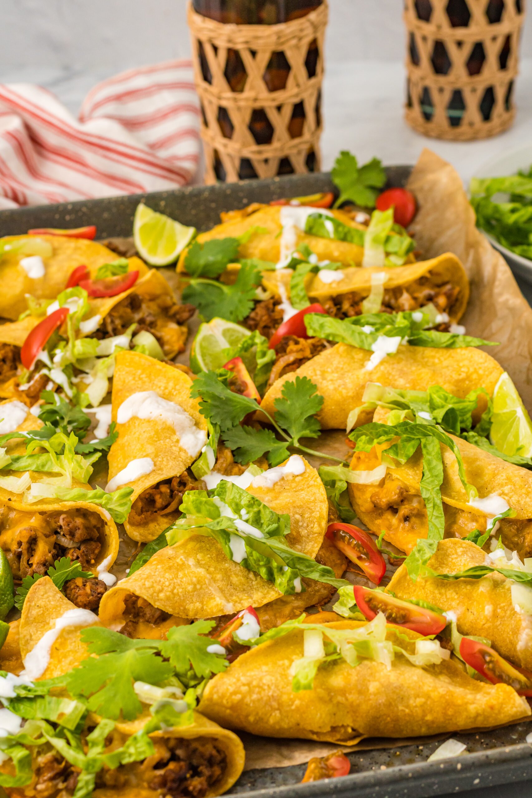 Front view of  Beef Tacos on a sheet pan.
