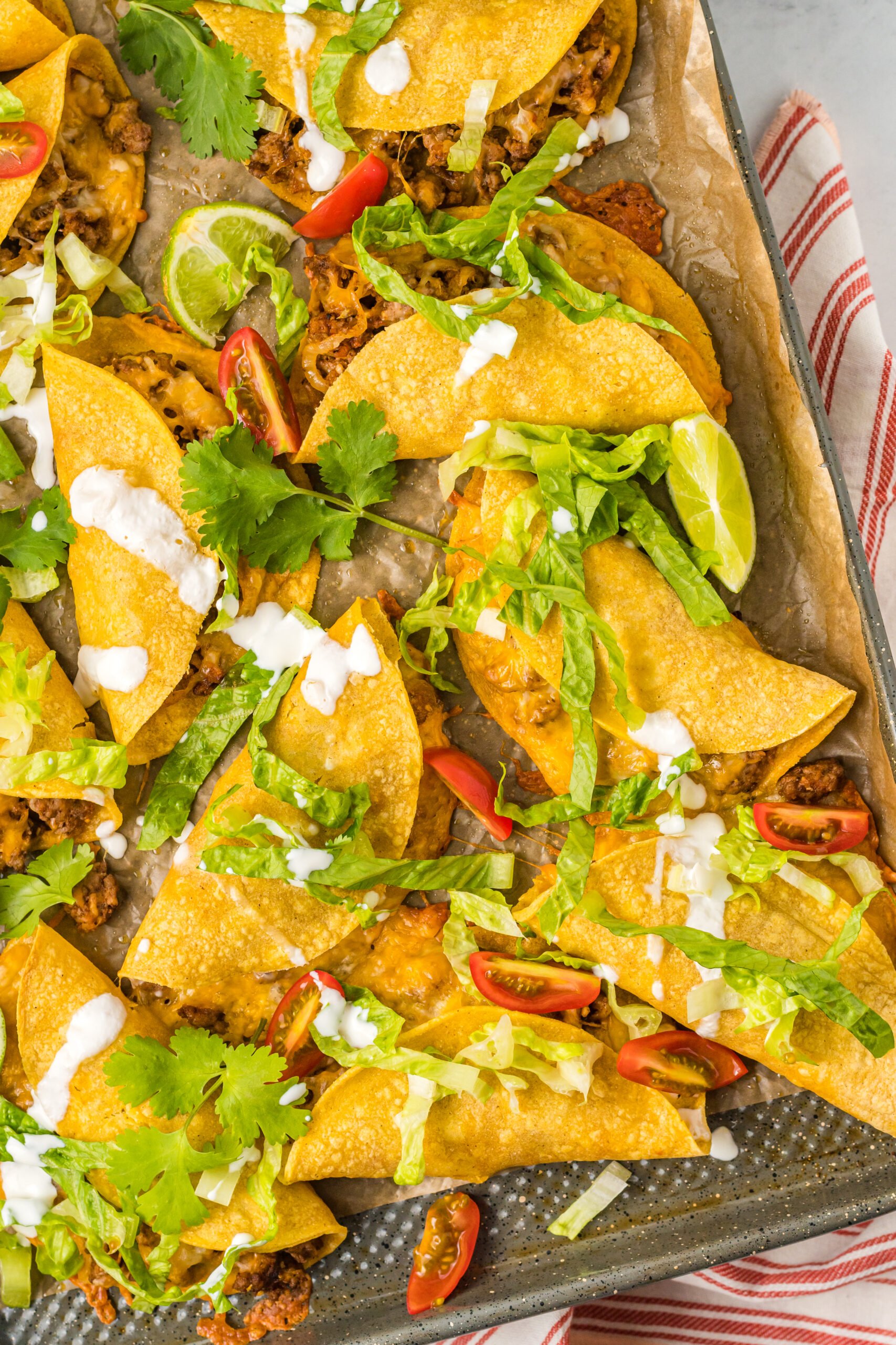 Overhead view of  Beef Tacos on a sheet pan.