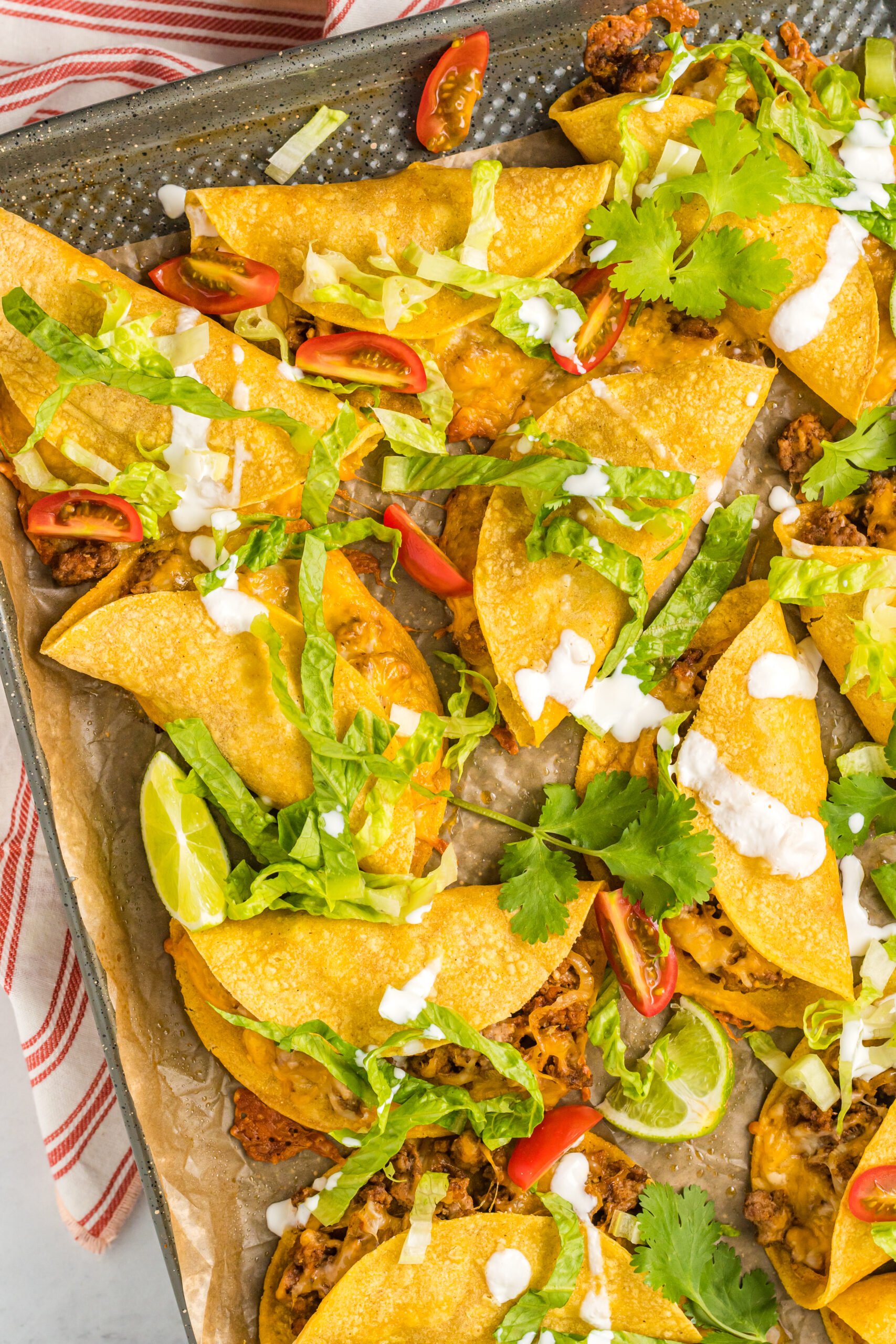 Overhead view of  Beef Tacos on a sheet pan.