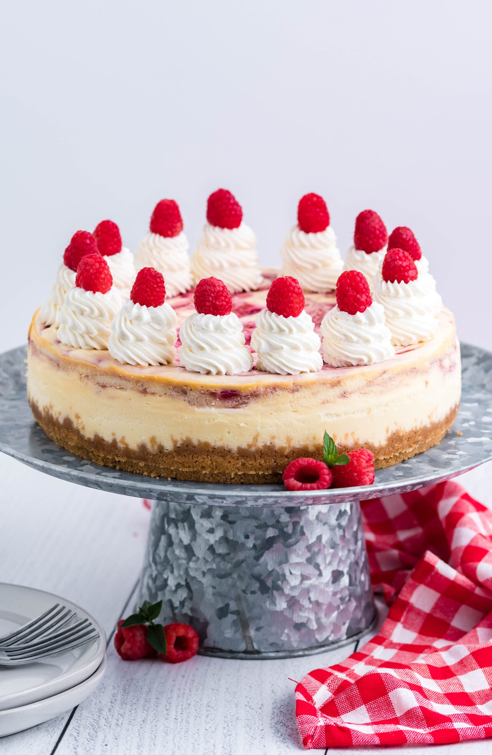 Side view of Raspberry Swirl Cheesecake on a galvanized cake stand.
