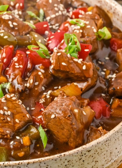 chinese pepper steak in a white bowl