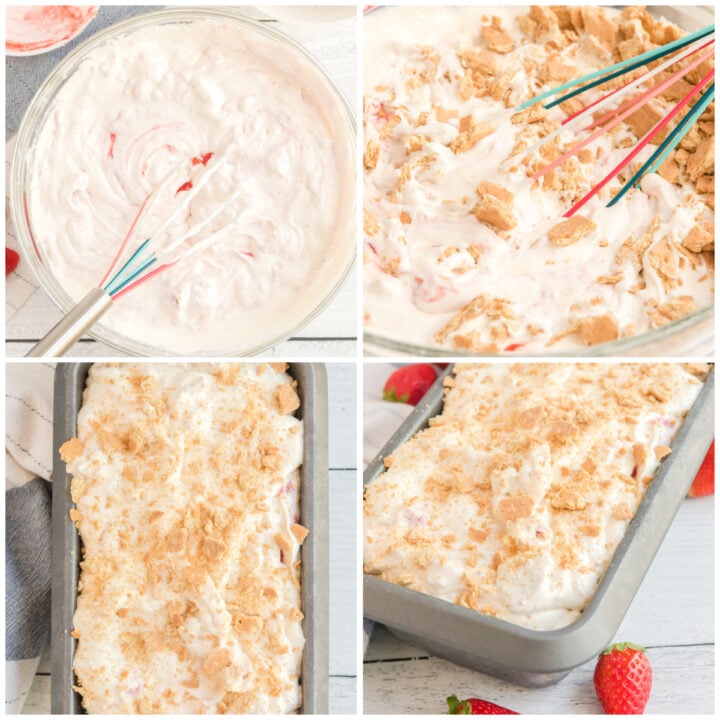 collage of how to make the strawberry cheesecake ice cream