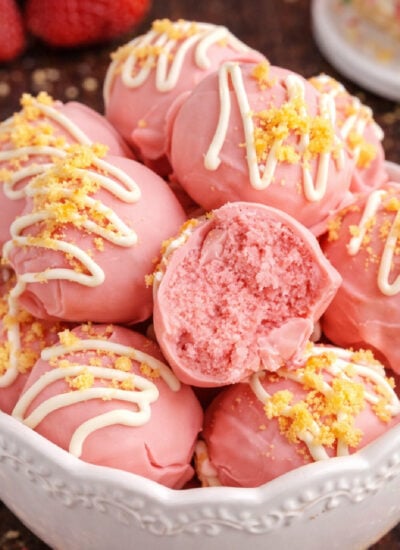 Strawberry Shortcake Truffles in a white bowl