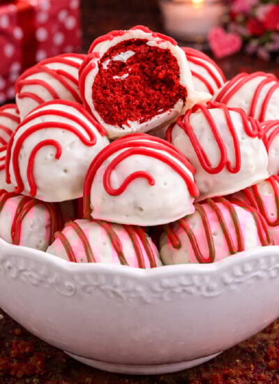 Red Velvet Cake Balls in a white bowl