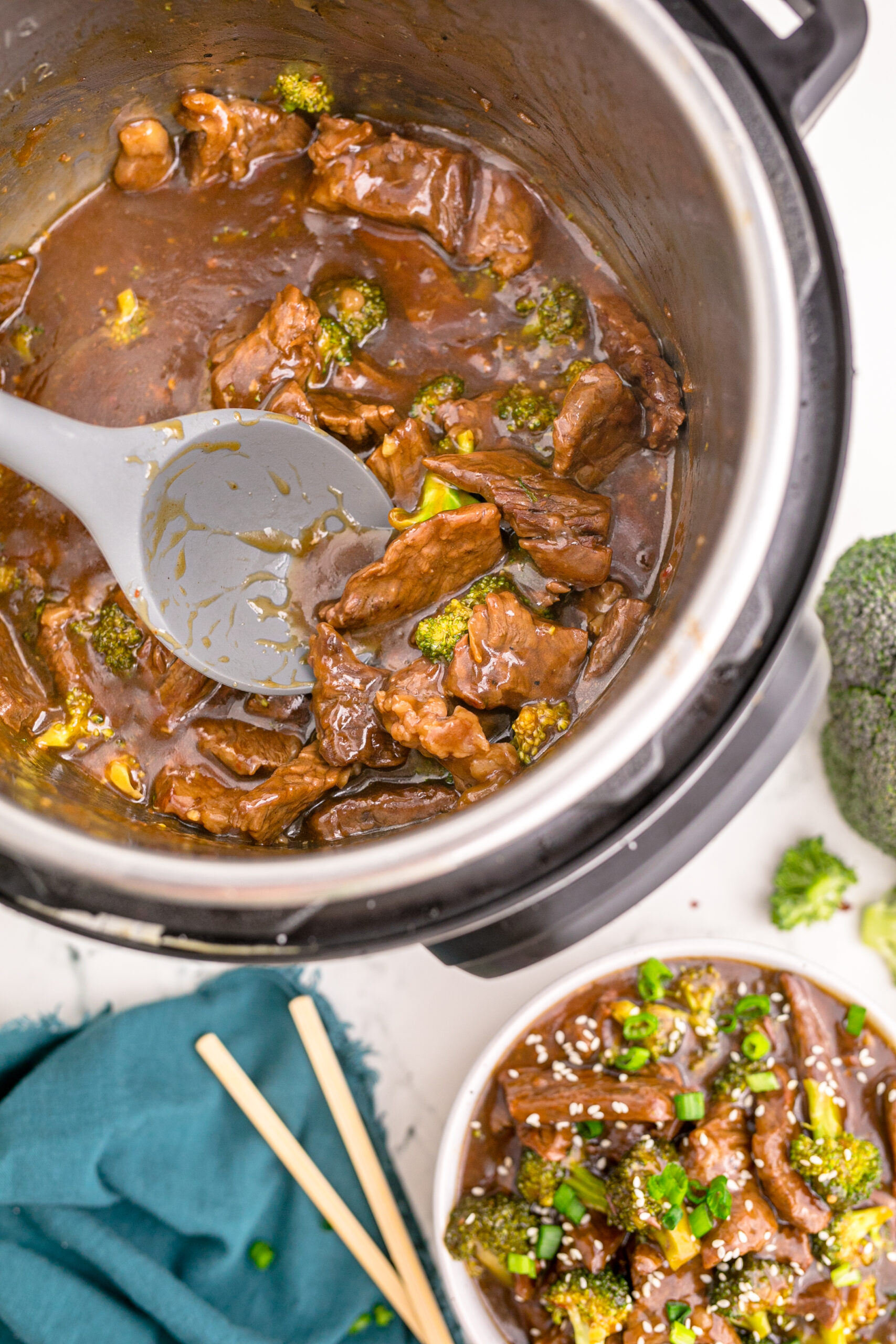 Overhead view of Instant Pot Beef and Broccoli inside of an instant pot.