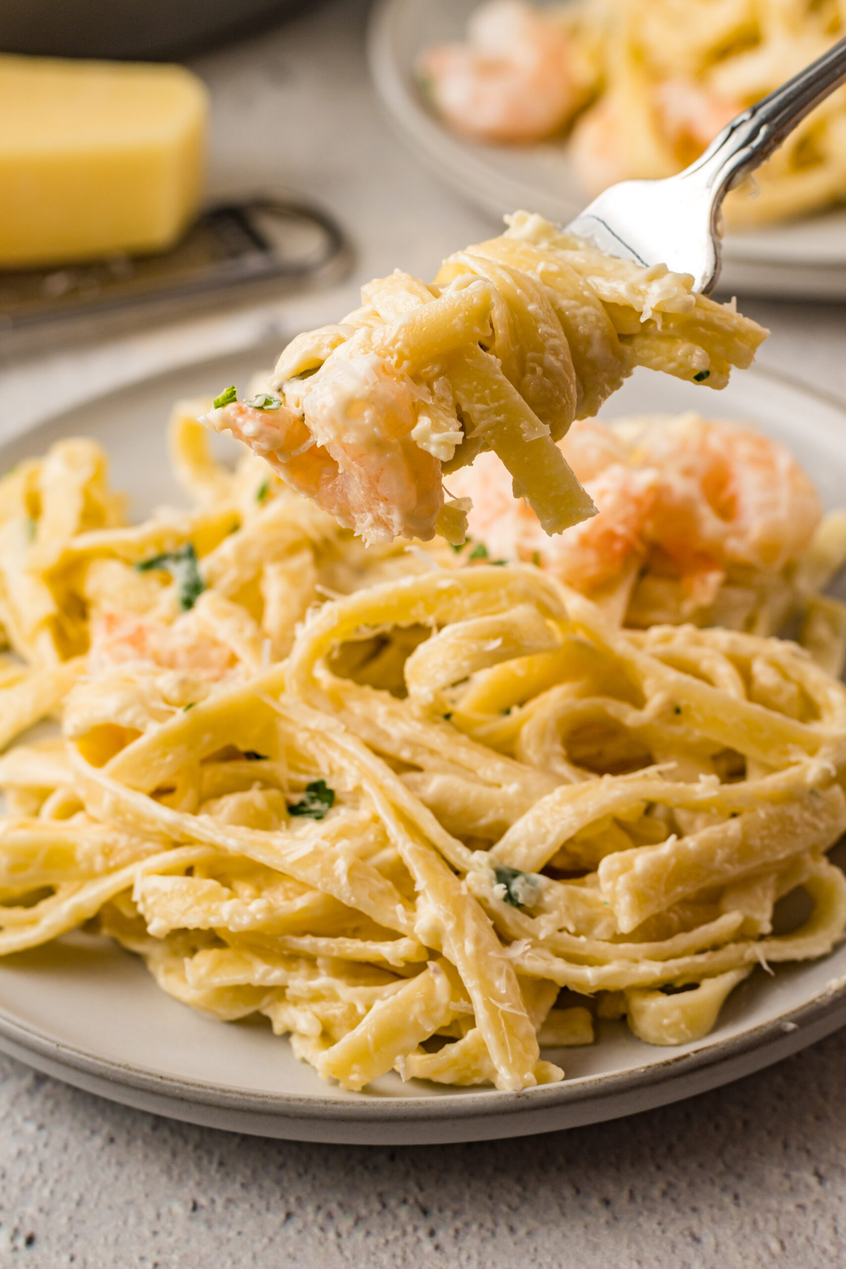 Front view of Shrimp Alfredo swirled around a silver fork.