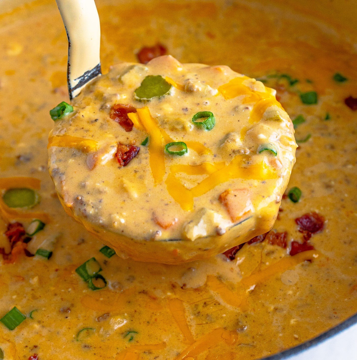 Cheeseburger bacon soup in a large Dutch oven being removed with a silver ladle. 