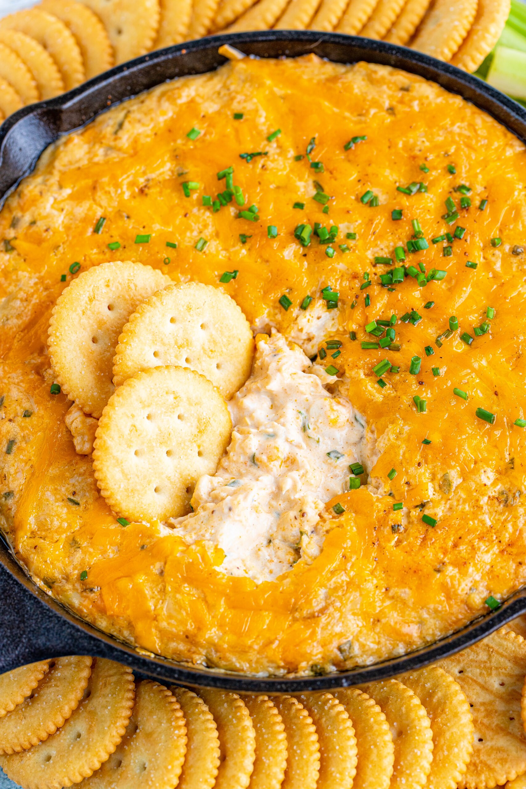 Close up view of Crab Dip Recipe in a cast iron skillet served with crackers and vegetables.