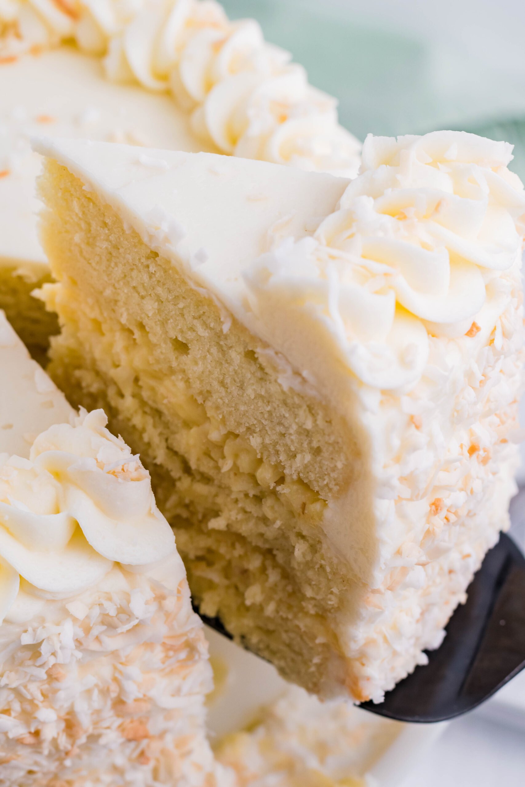 Close up view of a slice being removed from Coconut Custard Cake.