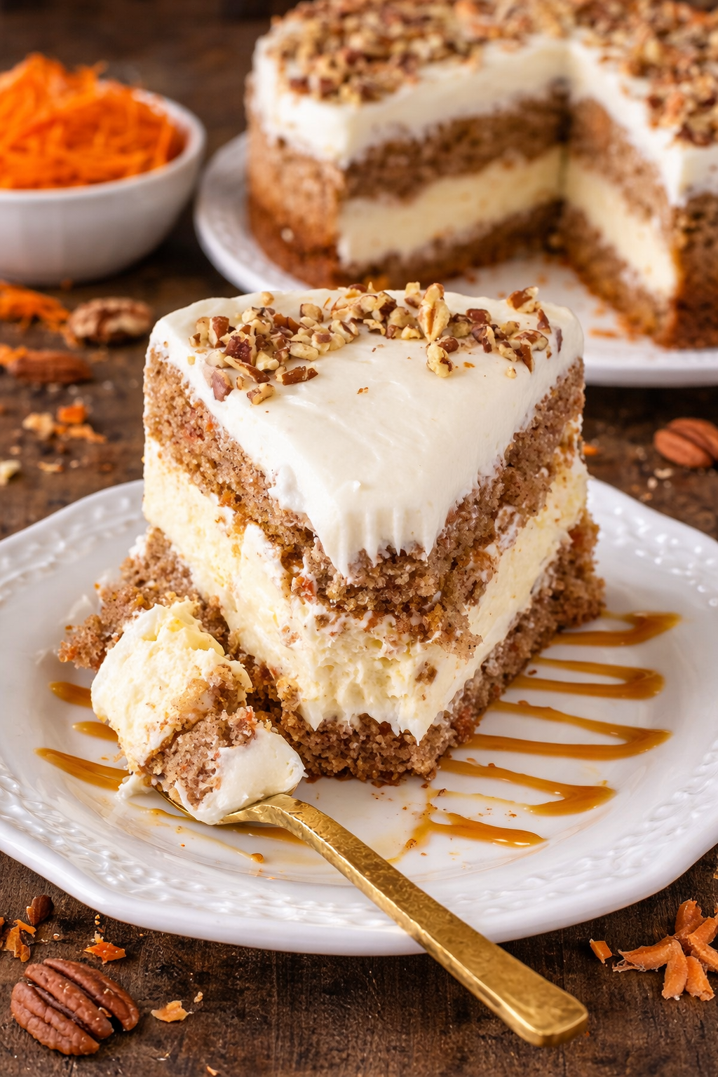 Close up view of Carrot Cake Cheesecake slice on a pretty white plate 