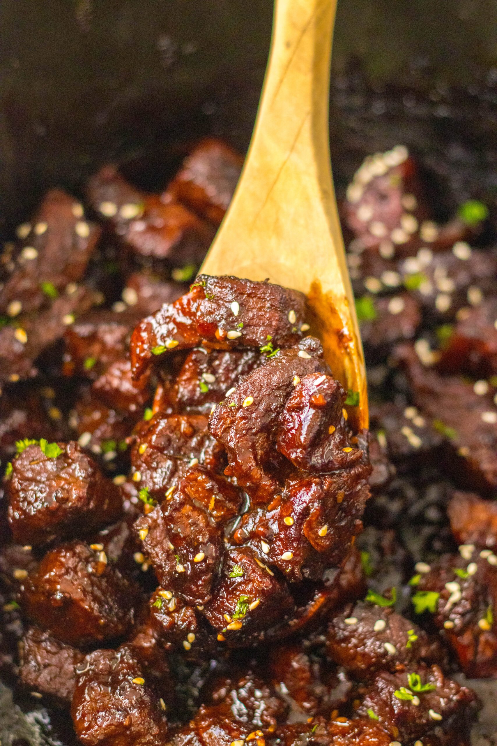 Close up view of a wooden spoon with a spoonful of Slow Cooker Honey Garlic Steak Bites.