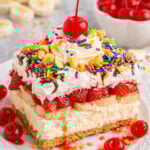 No Bake Banana Split Cake on a white plate