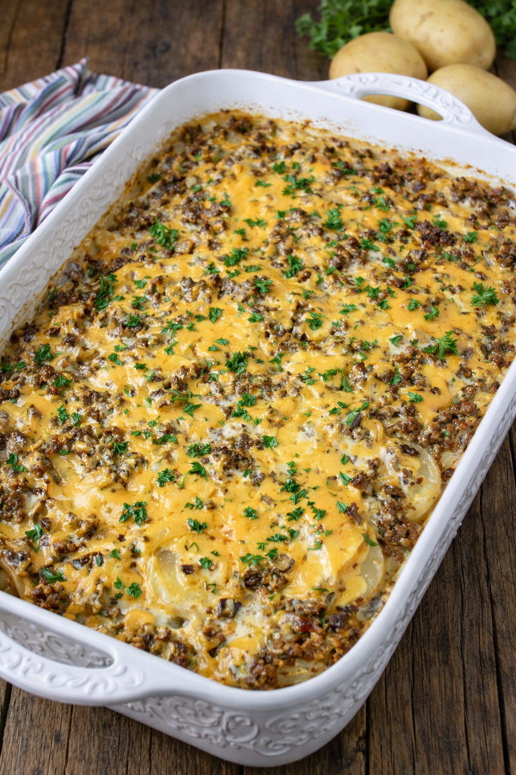 Cheesy Ground Beef & Potato Casserole in a white baking dish with a design 