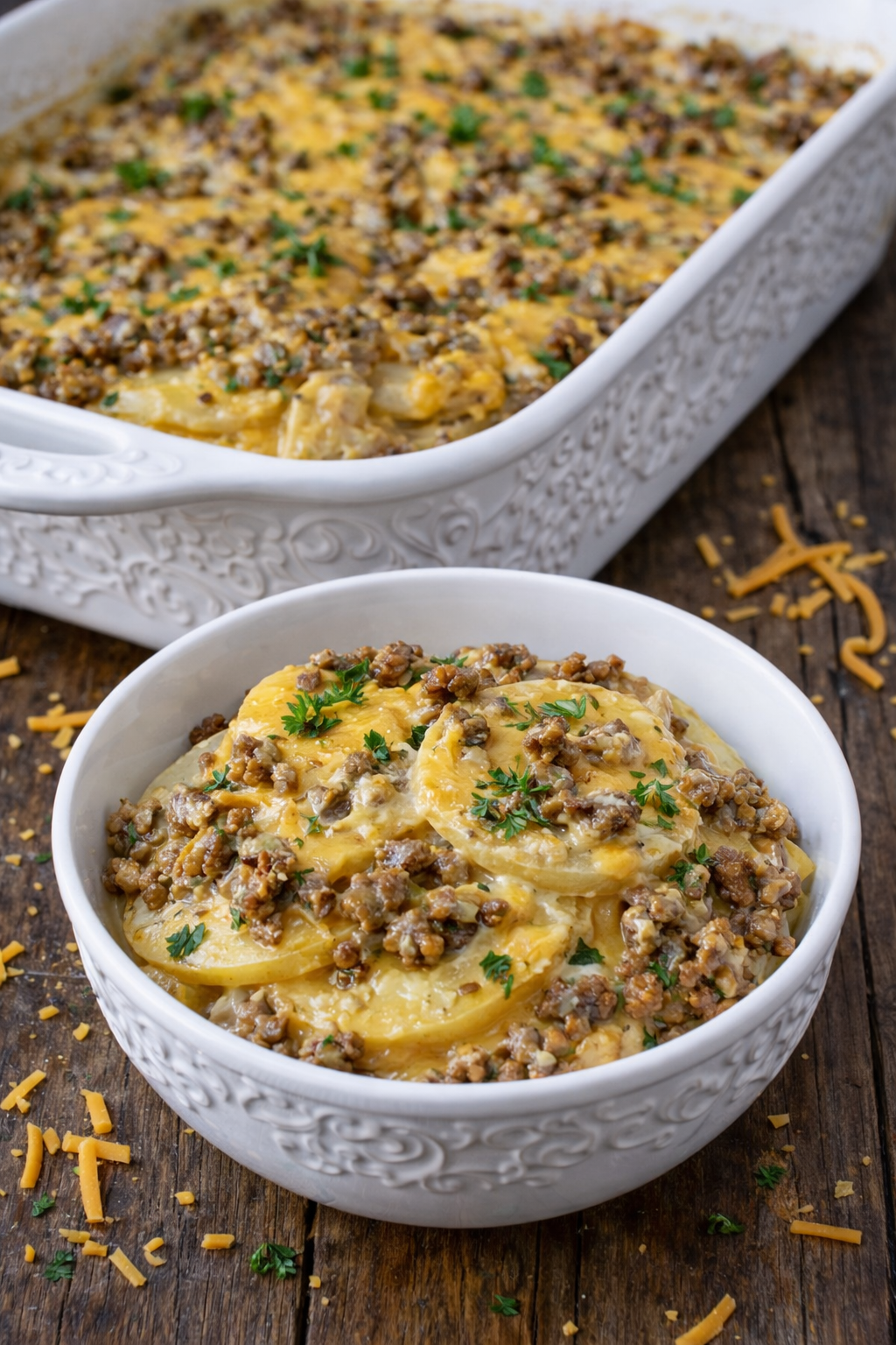 Cheesy Ground Beef & Potato Casserole in a white bowl with a design 