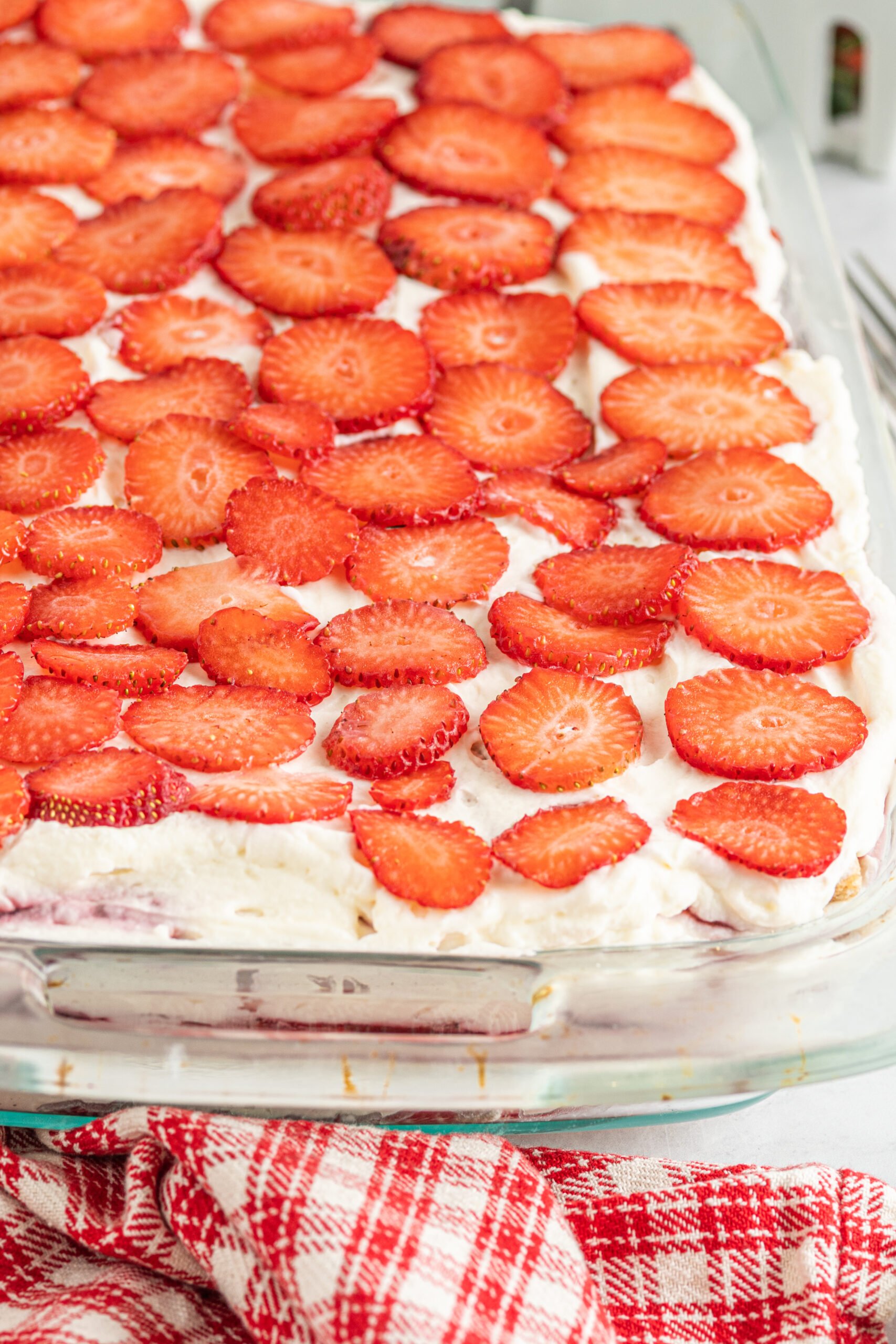 Up close shot of the strawberry topping. 