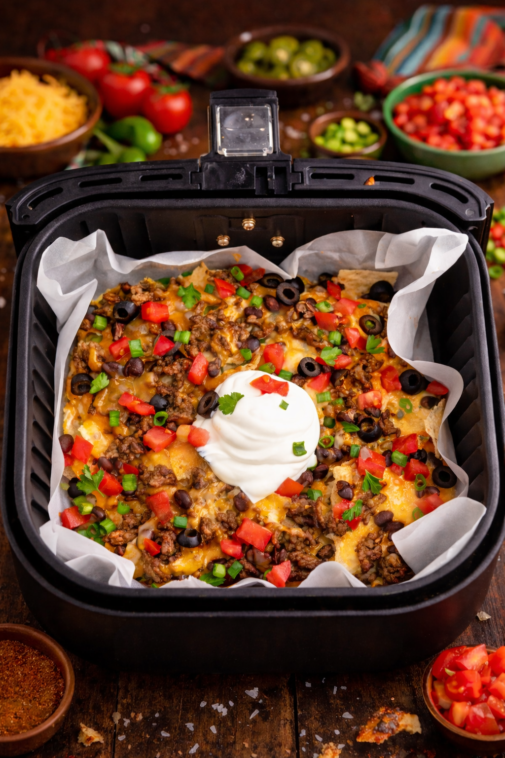 Overhead view of Air Fryer Nachos in an air fryer basket.