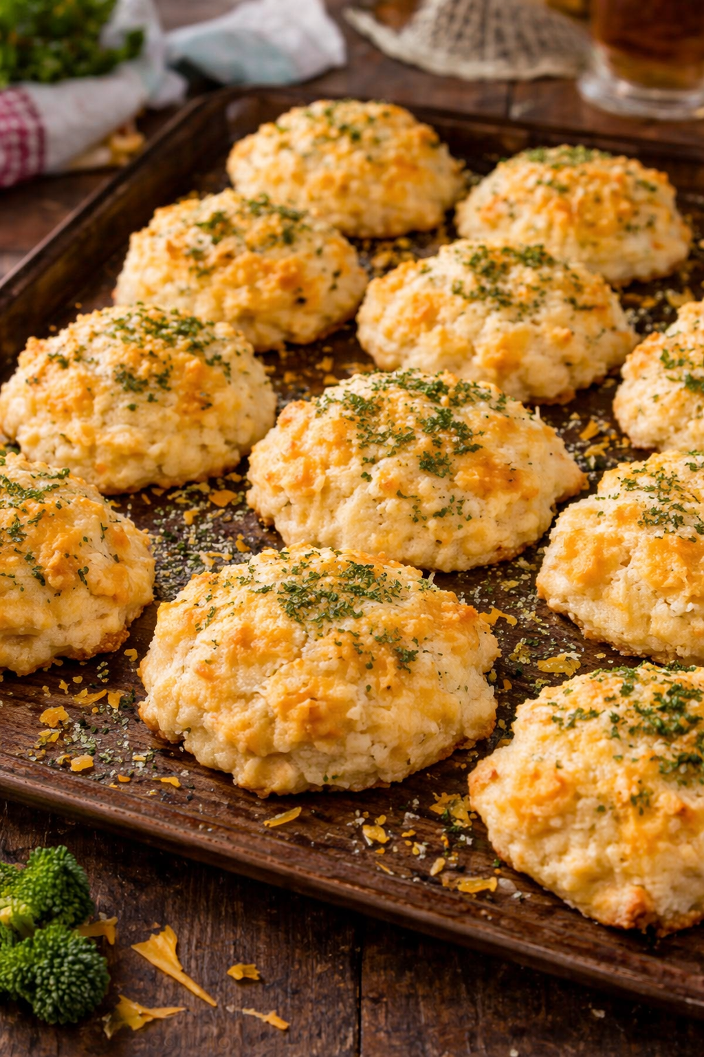 Copycat Red Lobster Cheddar Bay Biscuits on a baking sheet 