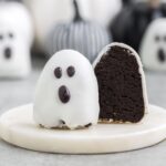 sliced Halloween Oreo truffle on marble platter