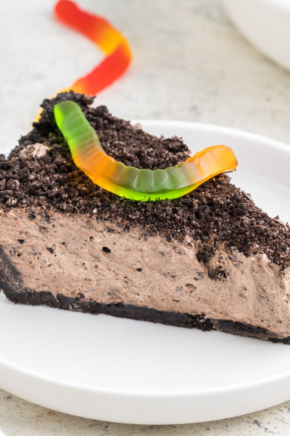 dirt pie on plate with a gummy worm on top