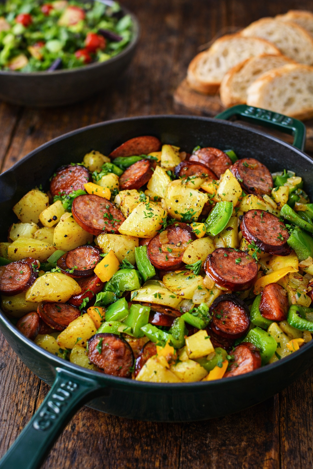 Sausage Peppers and Potatoes in a green skillet