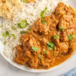 Slow Cooker Tikka Masala in a plate with rice and meat