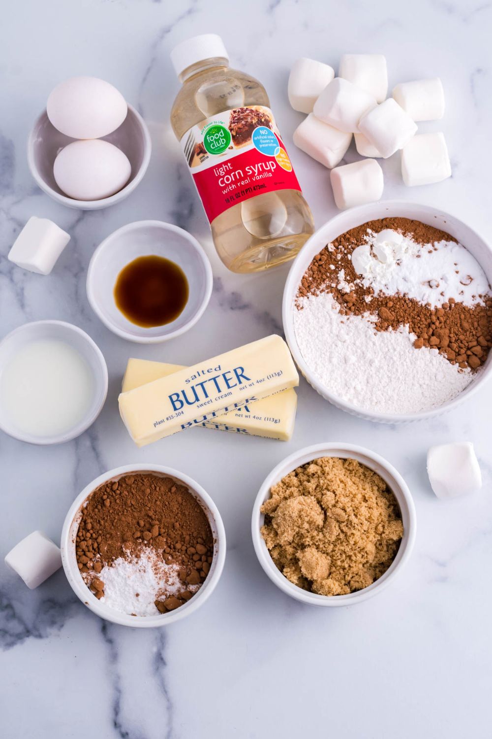 ingredients for marshmallow cookie on a marble counter