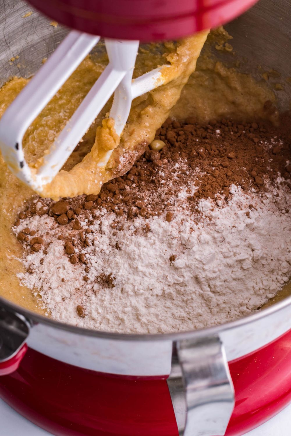 cookie dough batter getting mixed up in stand mixer