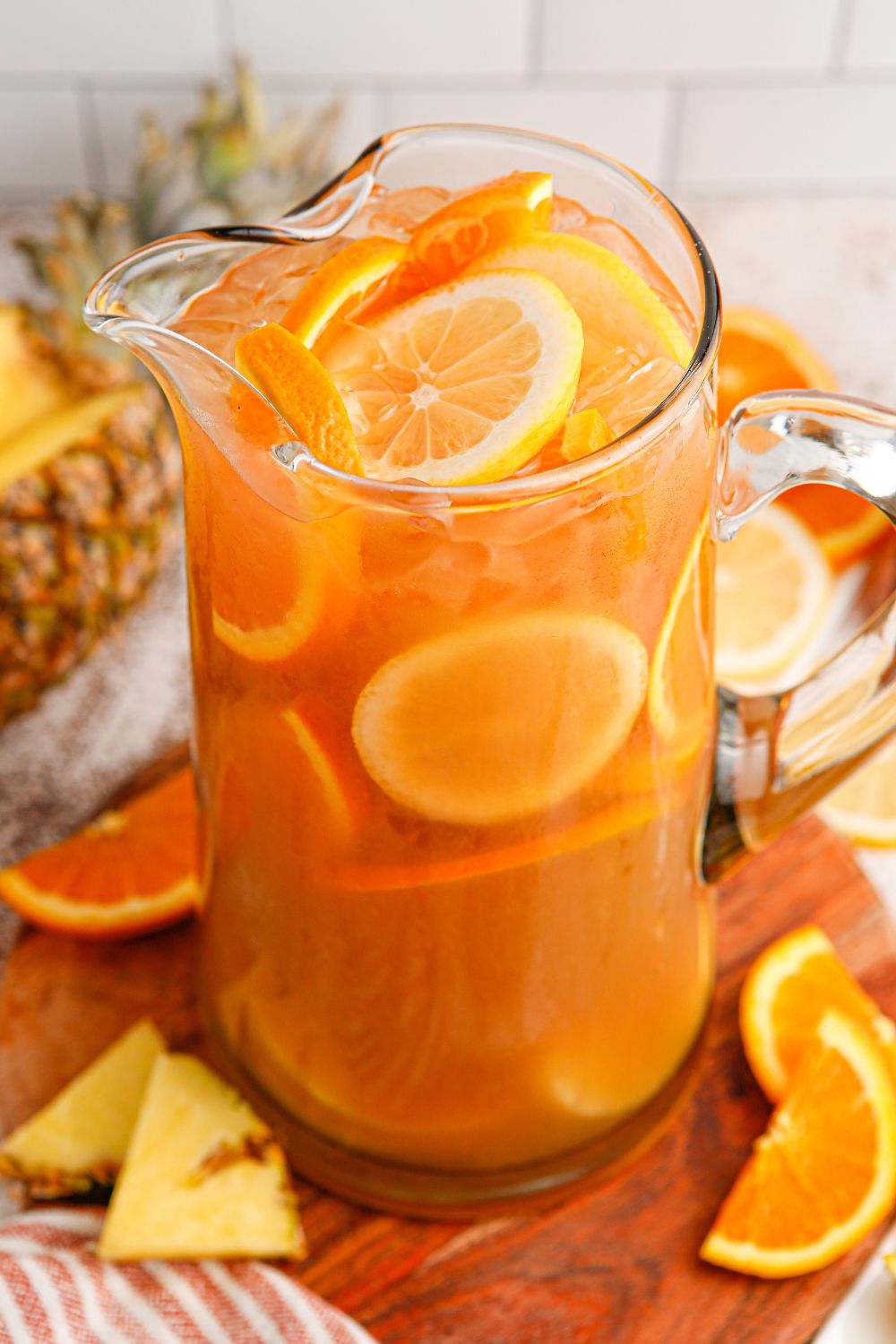 bourbon iced tea in a pitcher on table
