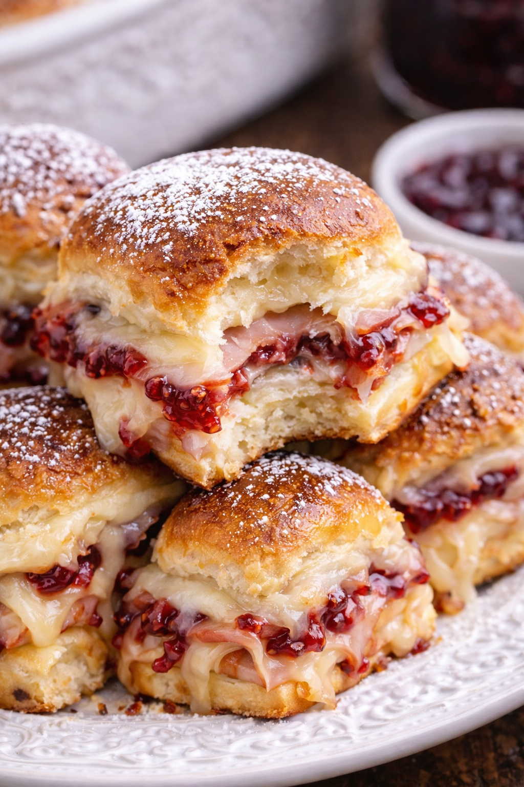 Monte Cristo Sliders on a white plate with a bite missing from one of the sliders 