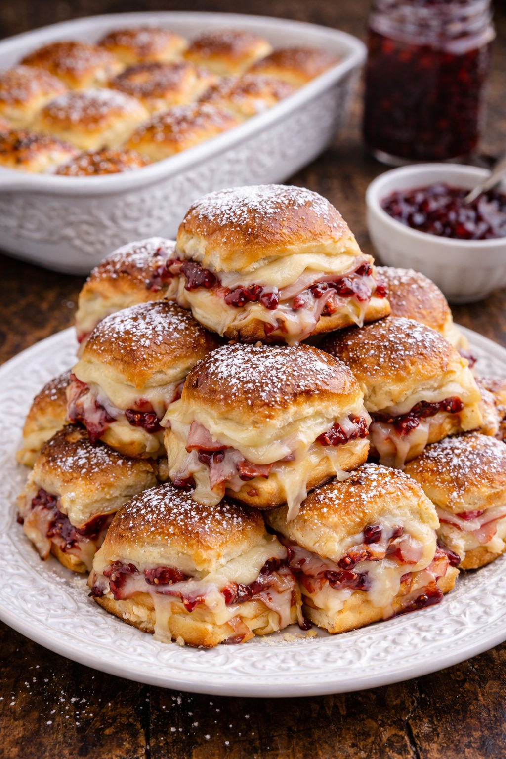 Monte Cristo Sliders on a white plate stacked on one another 