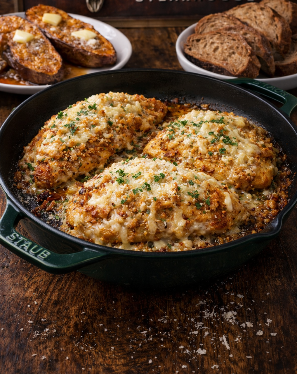 Parmesan Crusted Chicken (Longhorn Copycat) in a cast iron skillet.