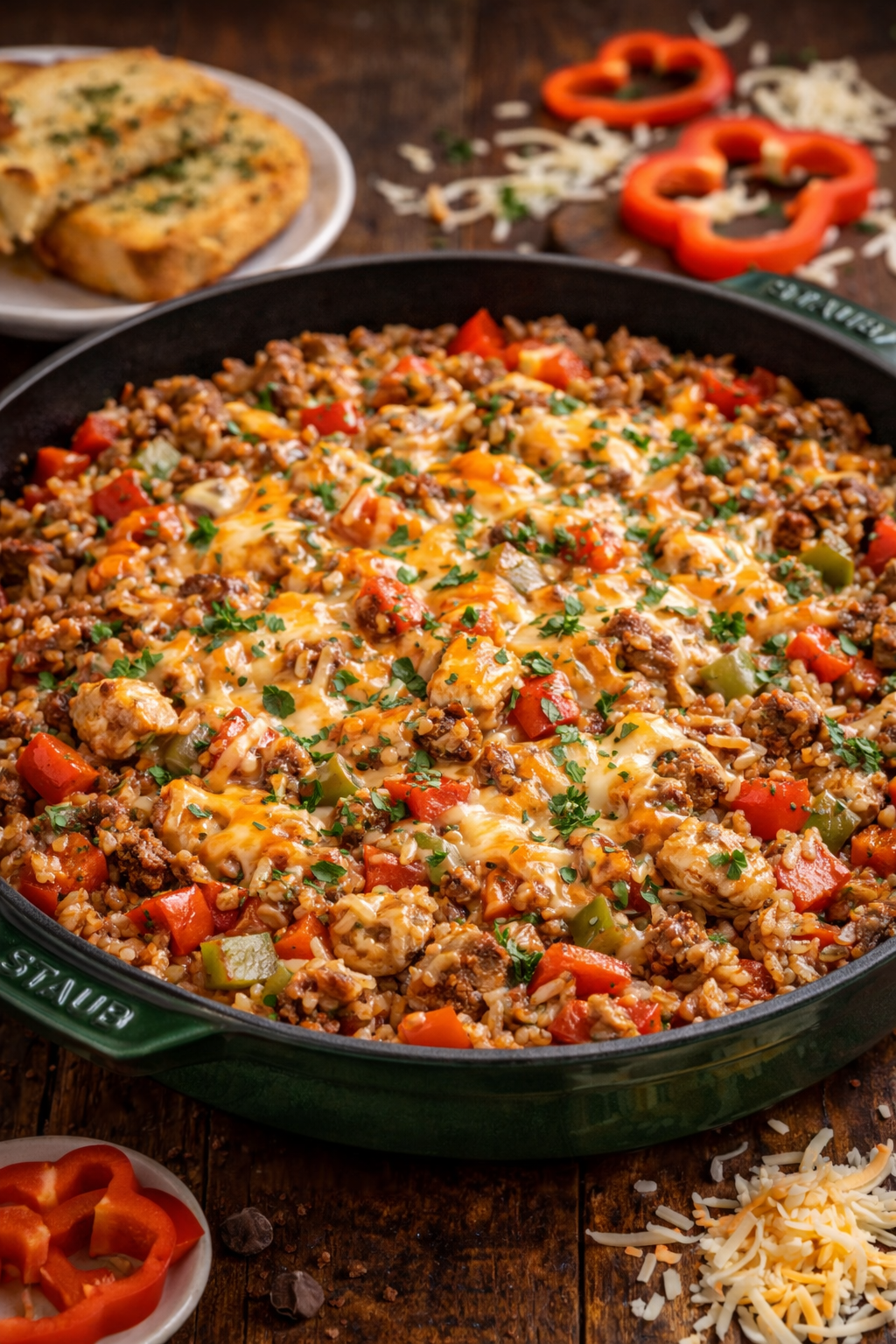 Stuffed Pepper Casserole in pan with cheese on top 