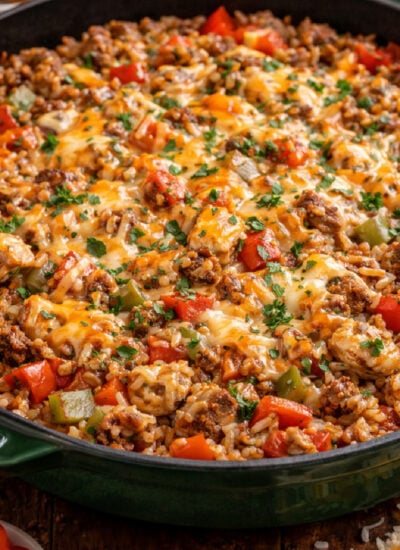Stuffed Pepper Casserole in pan with cheese on top