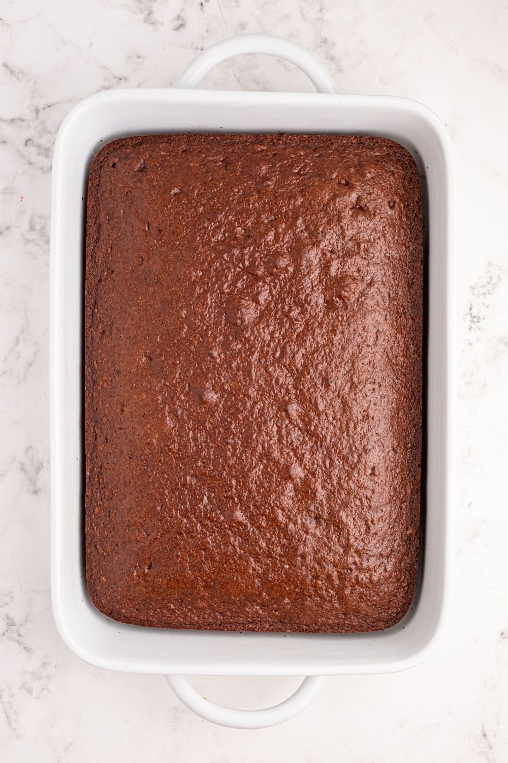 chocolate cake baked up sitting in pan on a marble counter