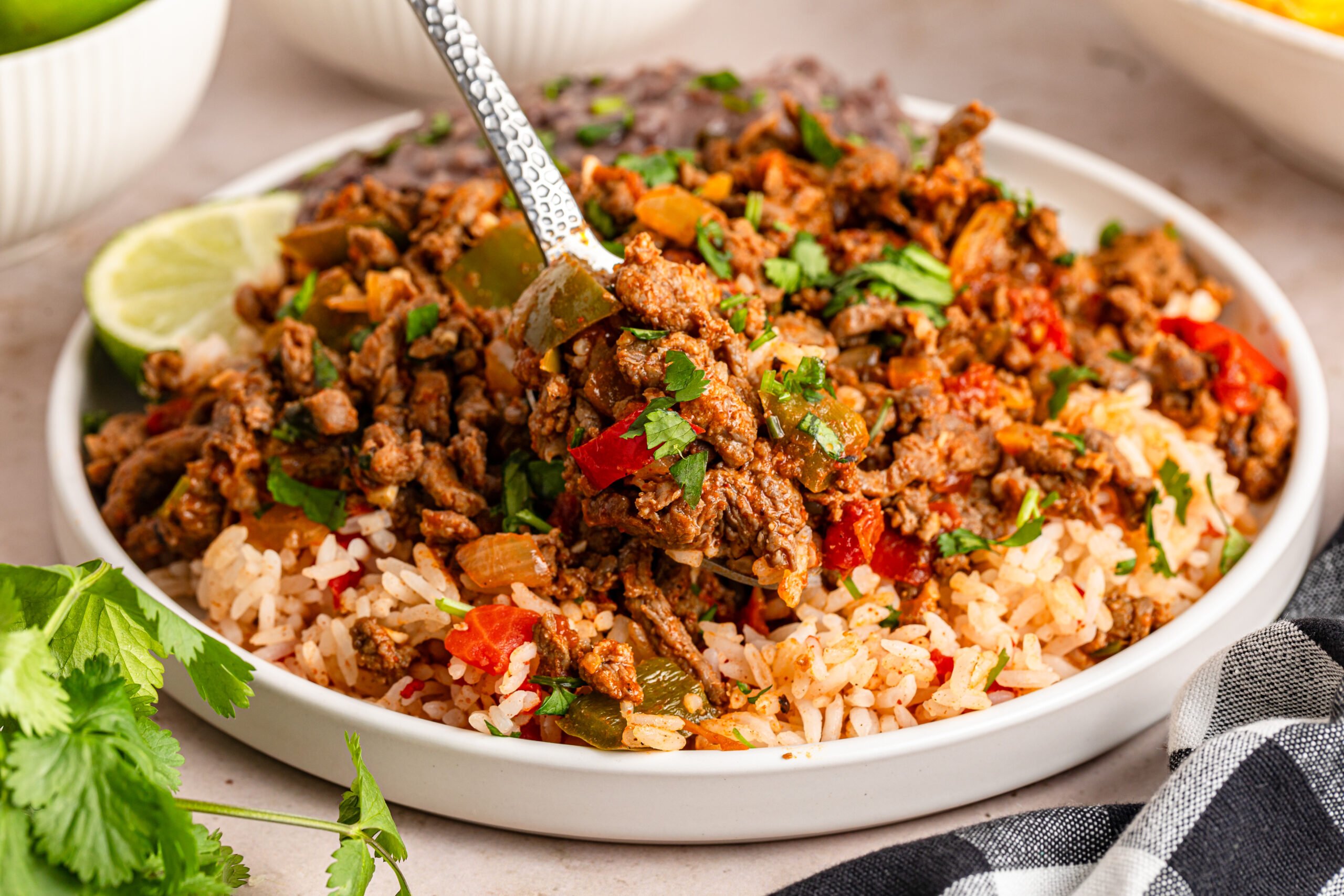 Carne Picada in white bowl with rice under it and a spoonful of meat being lifted to show the beef 